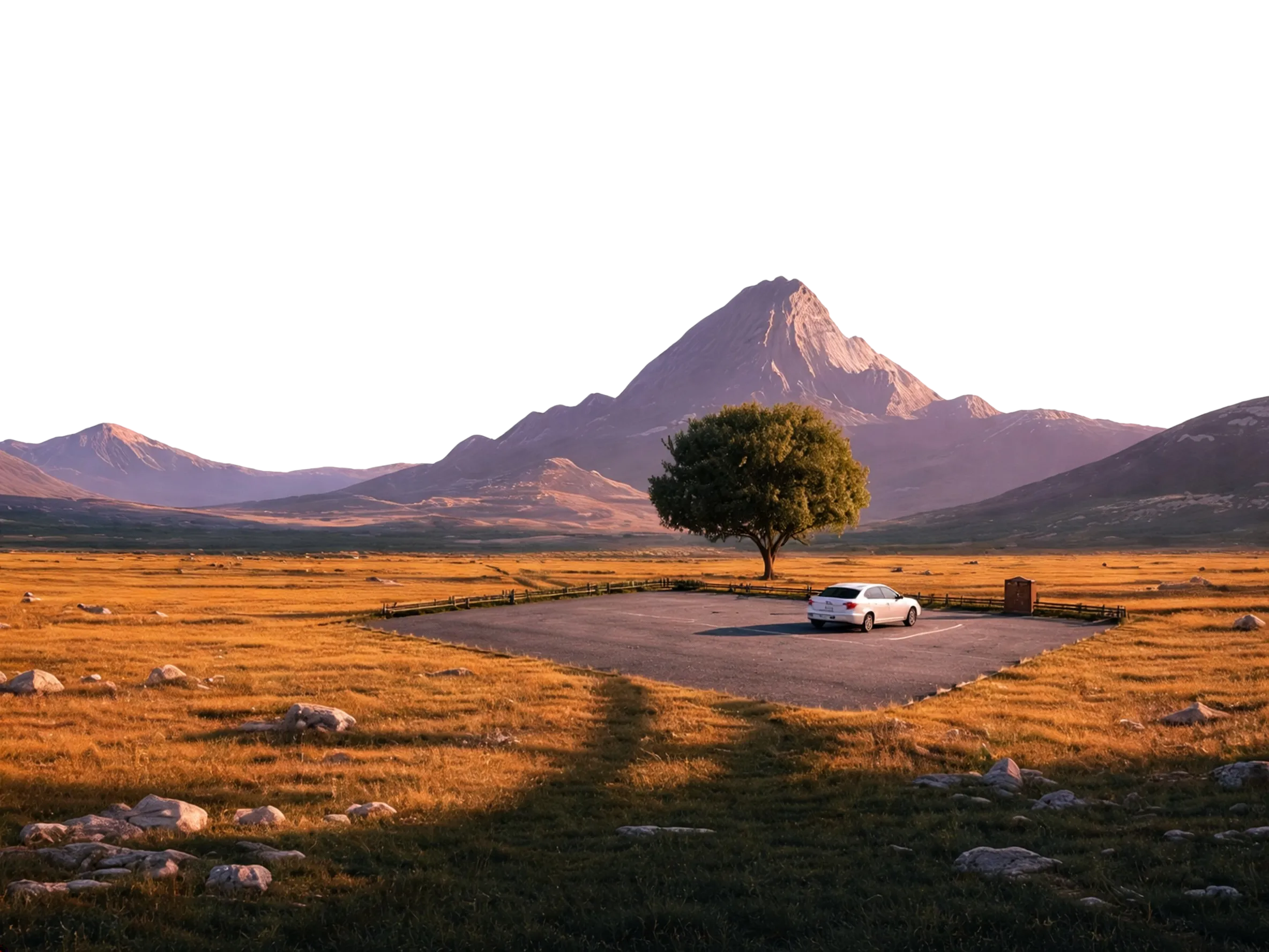 En bil parkert alene i et åpent fjellandskap i kveldssol.