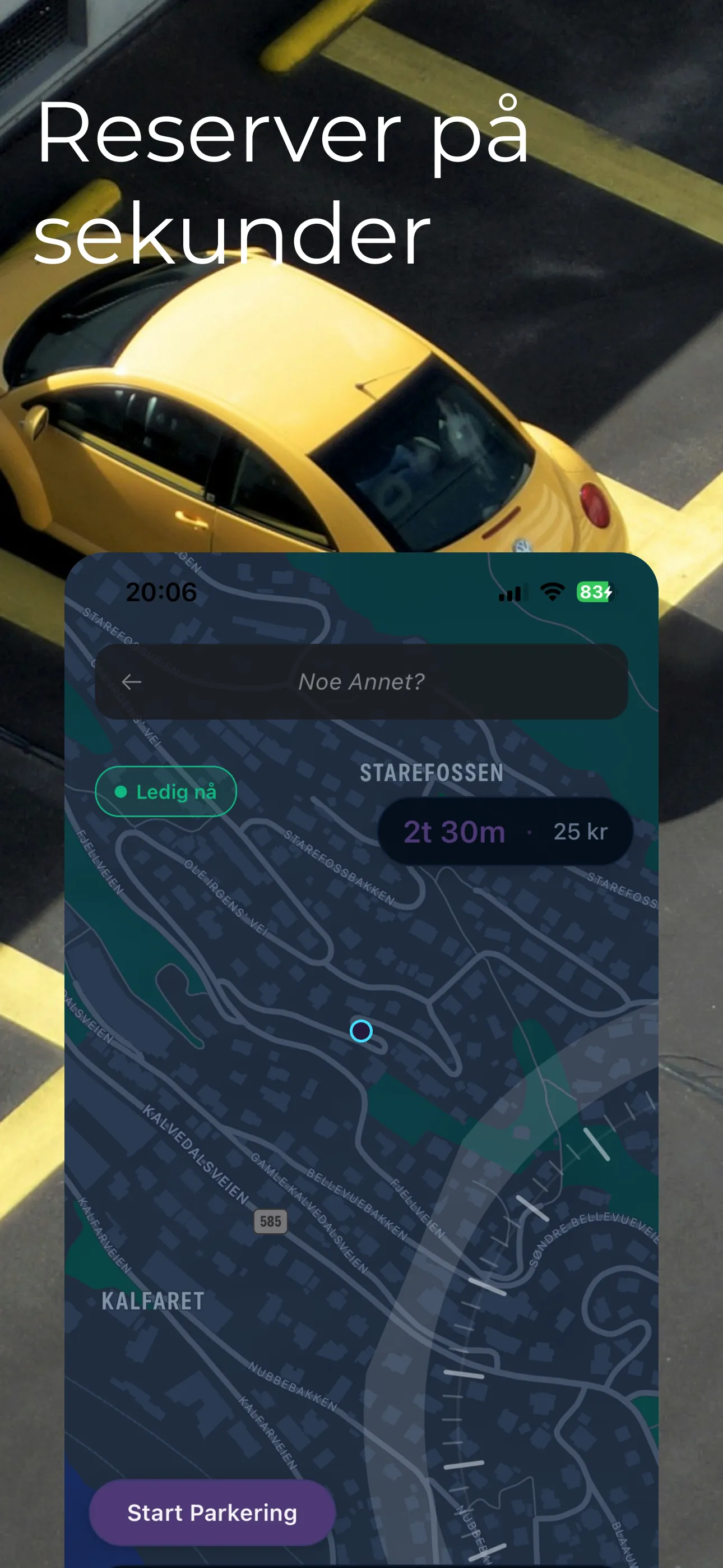 Parkshare-appen med reservasjonsvisning over et bykart.